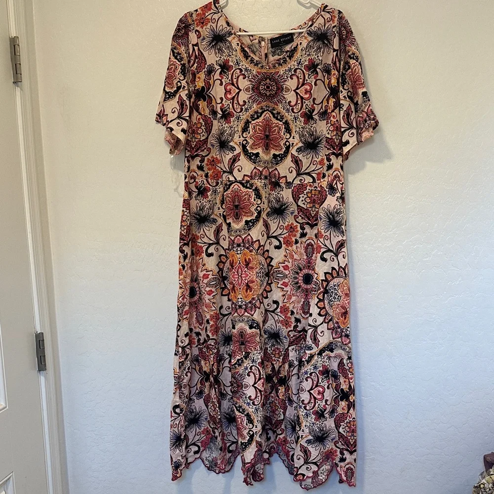 Lane Bryant Multicolor Floral Midi Dress Scallop-Hem‎ linen viscose short sleeve